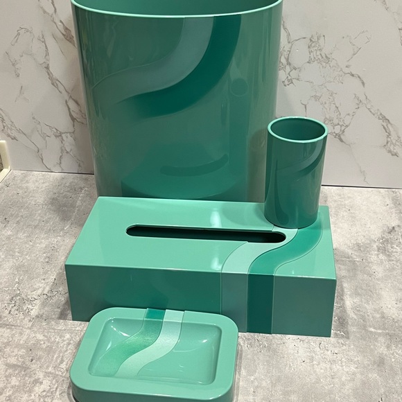 Vintage seafoam teal plastic bathroom accessories waste bin cup soap dish tissue - Picture 14 of 16